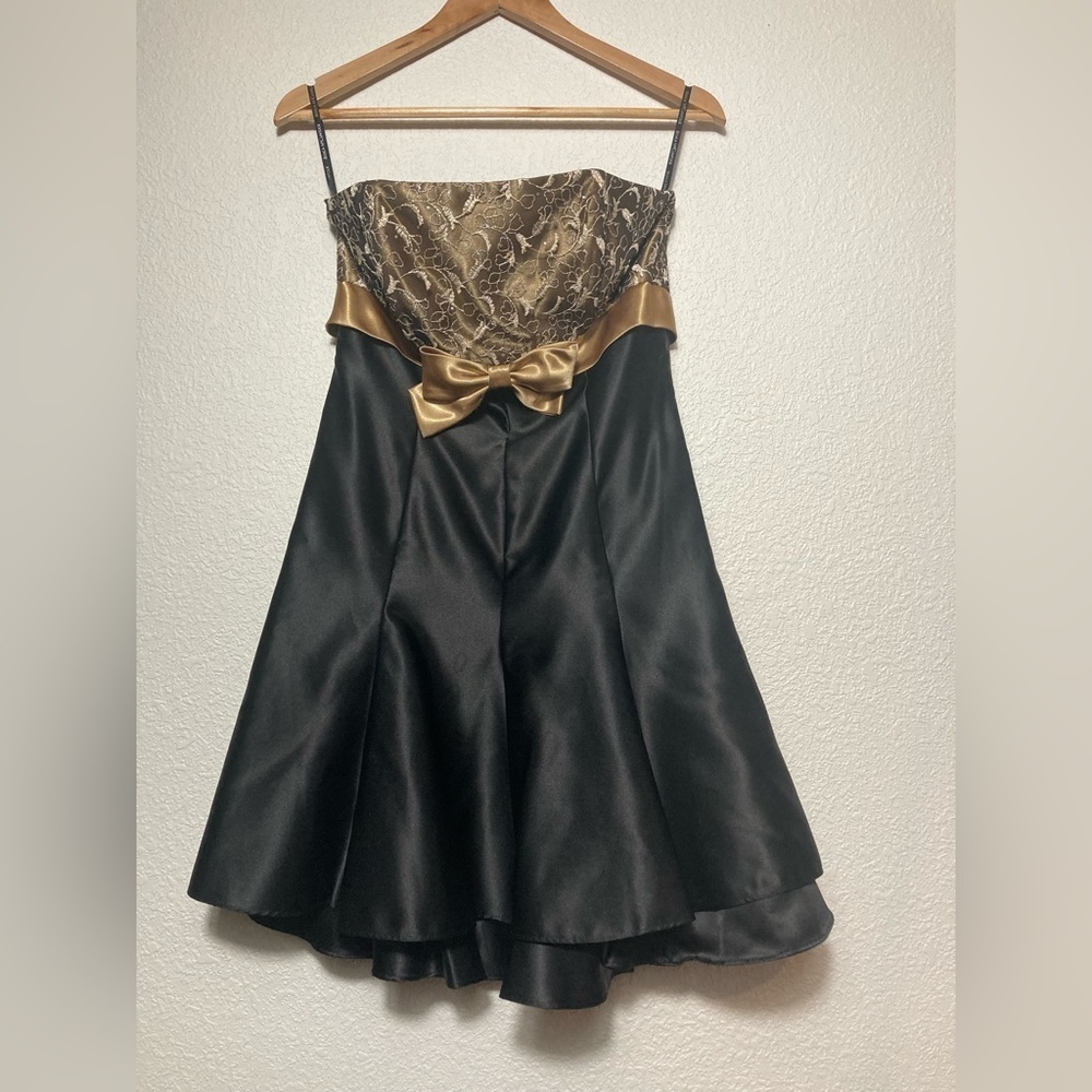 Jessica McClintock for Gunne Sax strapless black gold formal midi dress 9